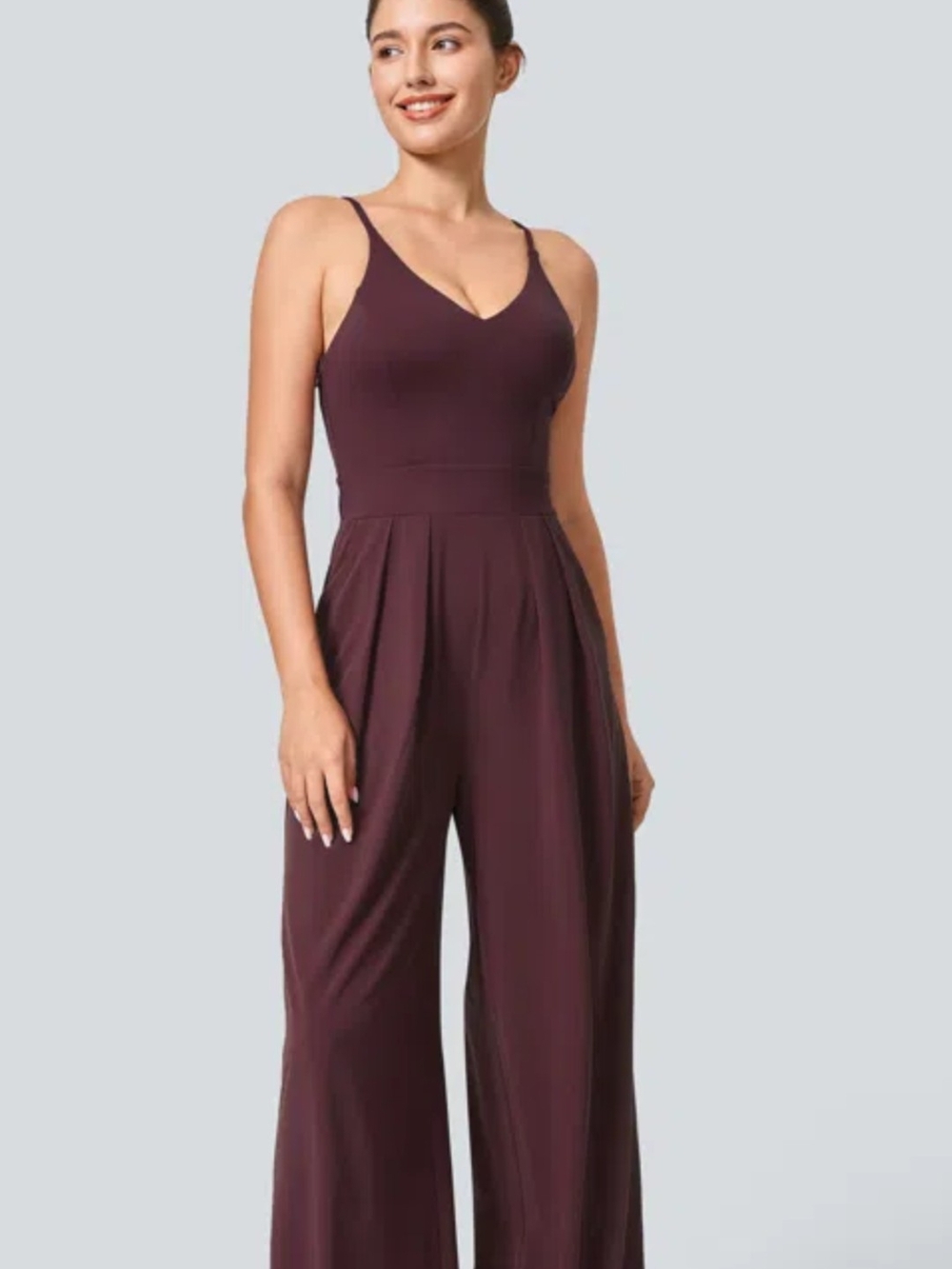 HALARA Women's V-Neck Wide-Leg Jumpsuit in Deep Plum